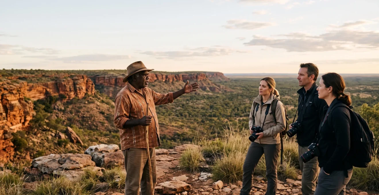An Aboriginal cultural guide standing on ancestral land at sunrise, sharing knowledge with a small group of attentive travelers