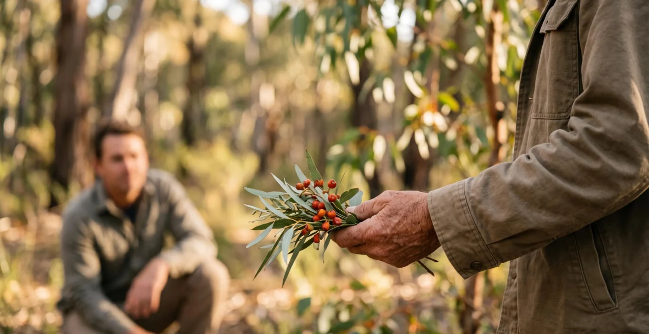 An Aboriginal guide and a traveler examining native Australian plants together in the bush at golden hour
