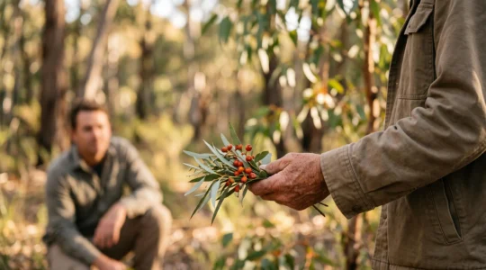 An Aboriginal guide and a traveler examining native Australian plants together in the bush at golden hour