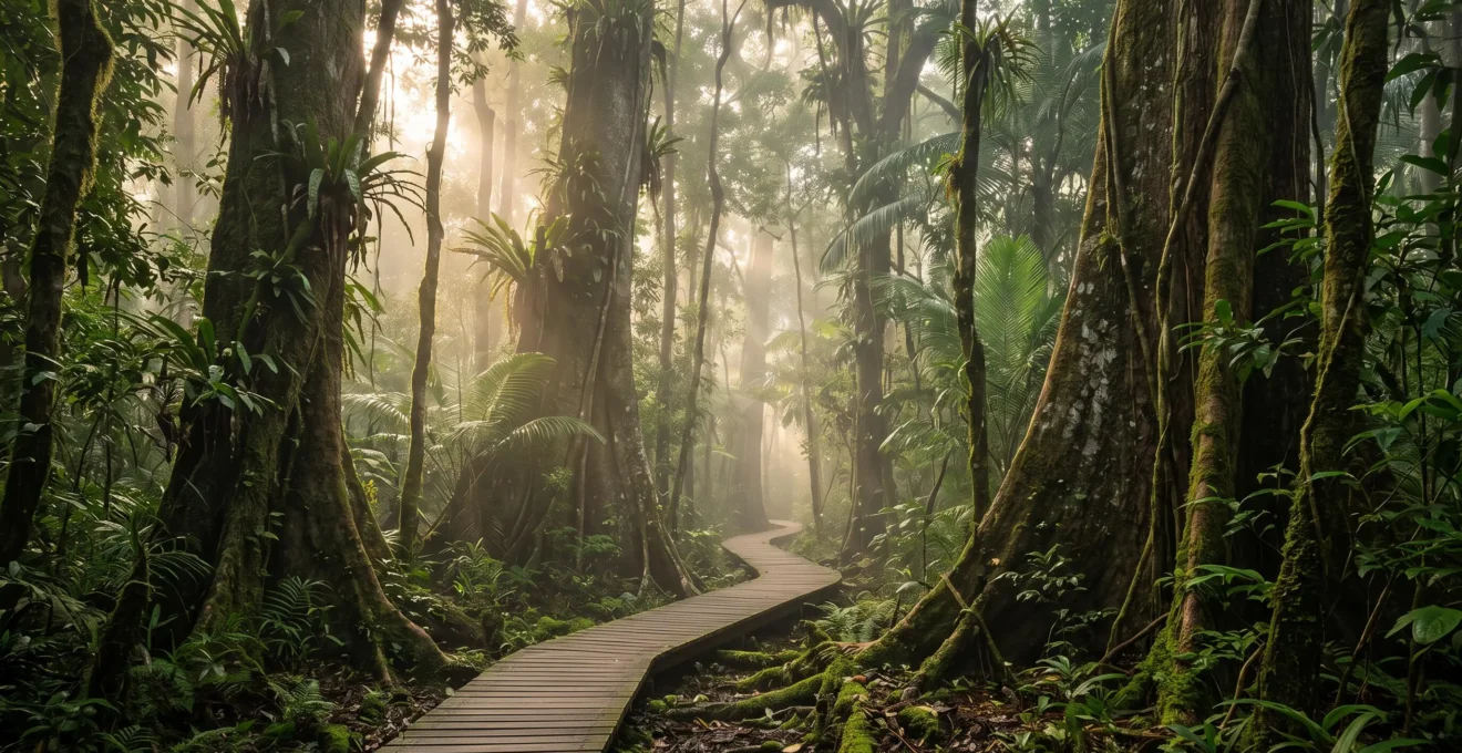 Misty ancient rainforest canopy with towering buttress-root trees at sunrise, symbolizing the primeval ecology of the Daintree