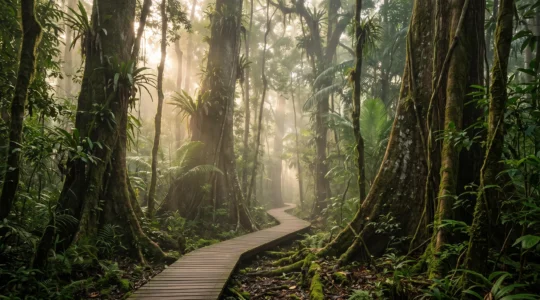 Misty ancient rainforest canopy with towering buttress-root trees at sunrise, symbolizing the primeval ecology of the Daintree