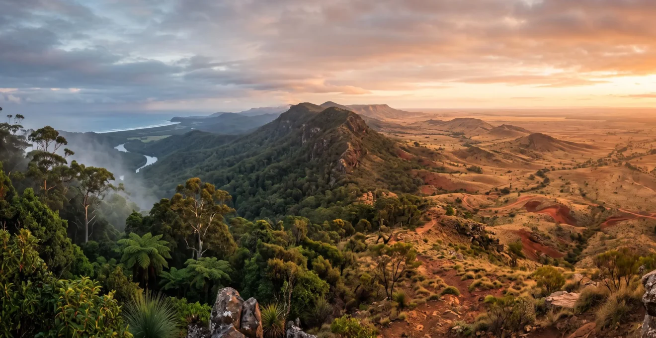 Split landscape showing lush green coastline transitioning into dry red outback under contrasting light, symbolizing Australia's changing climate zones