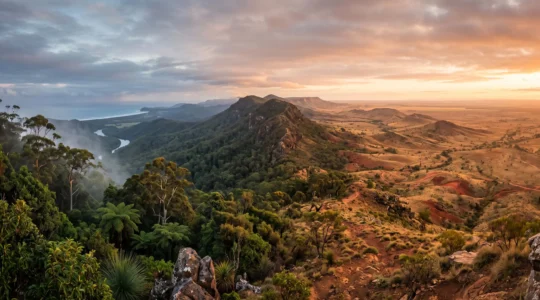 Split landscape showing lush green coastline transitioning into dry red outback under contrasting light, symbolizing Australia's changing climate zones