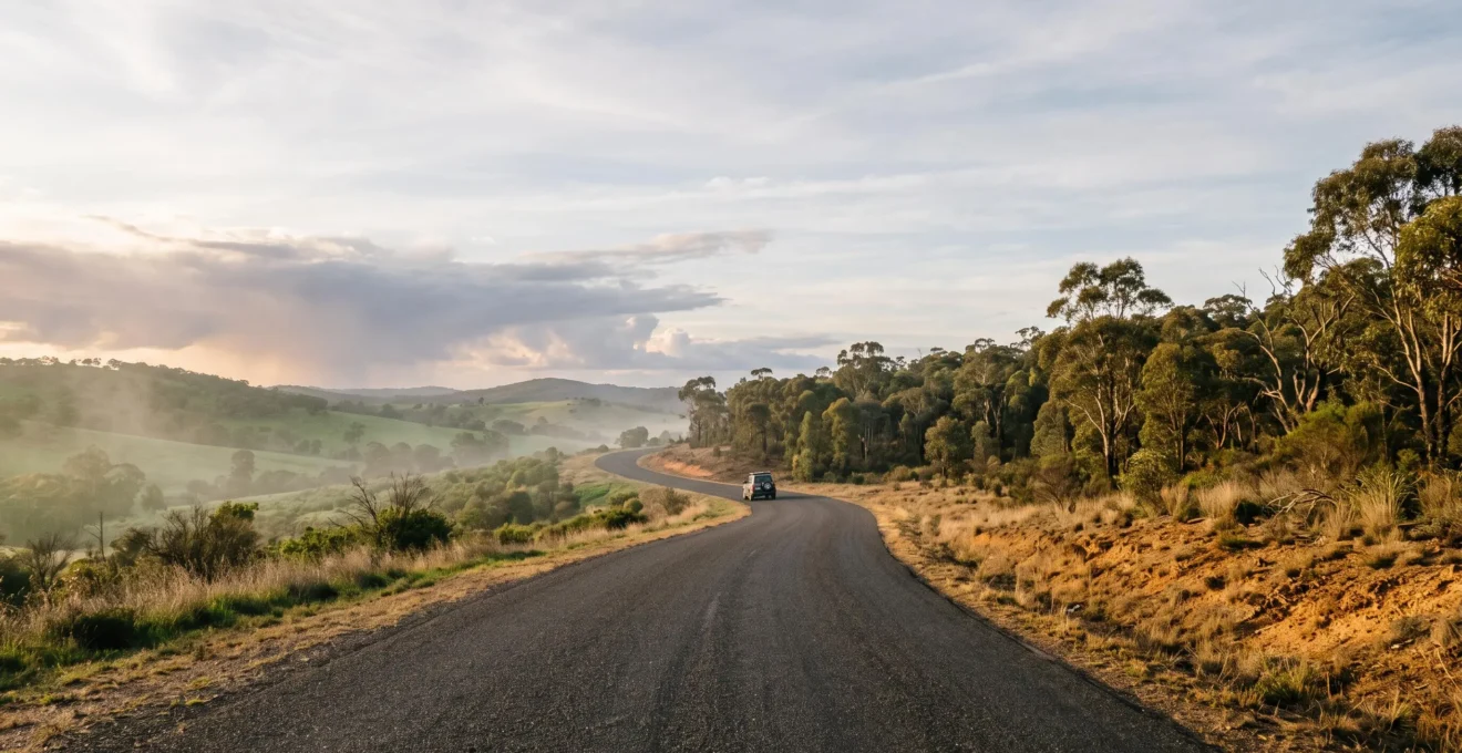 A winding coastal road cutting through Australia's diverse seasonal landscapes at golden hour, symbolizing year-round trip planning