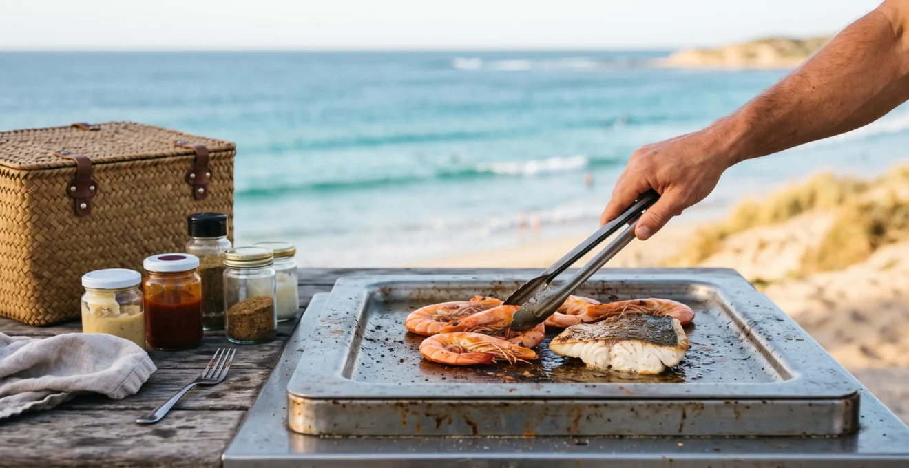 Golden hour view of a gourmet seafood platter being prepared on a coastal Australian beach BBQ hotplate