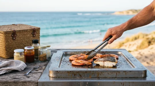 Golden hour view of a gourmet seafood platter being prepared on a coastal Australian beach BBQ hotplate