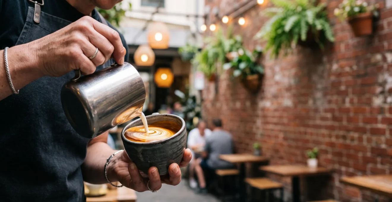 Steaming espresso being poured into a ceramic cup at an Australian laneway cafe, symbolizing insider coffee culture