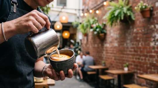 Steaming espresso being poured into a ceramic cup at an Australian laneway cafe, symbolizing insider coffee culture