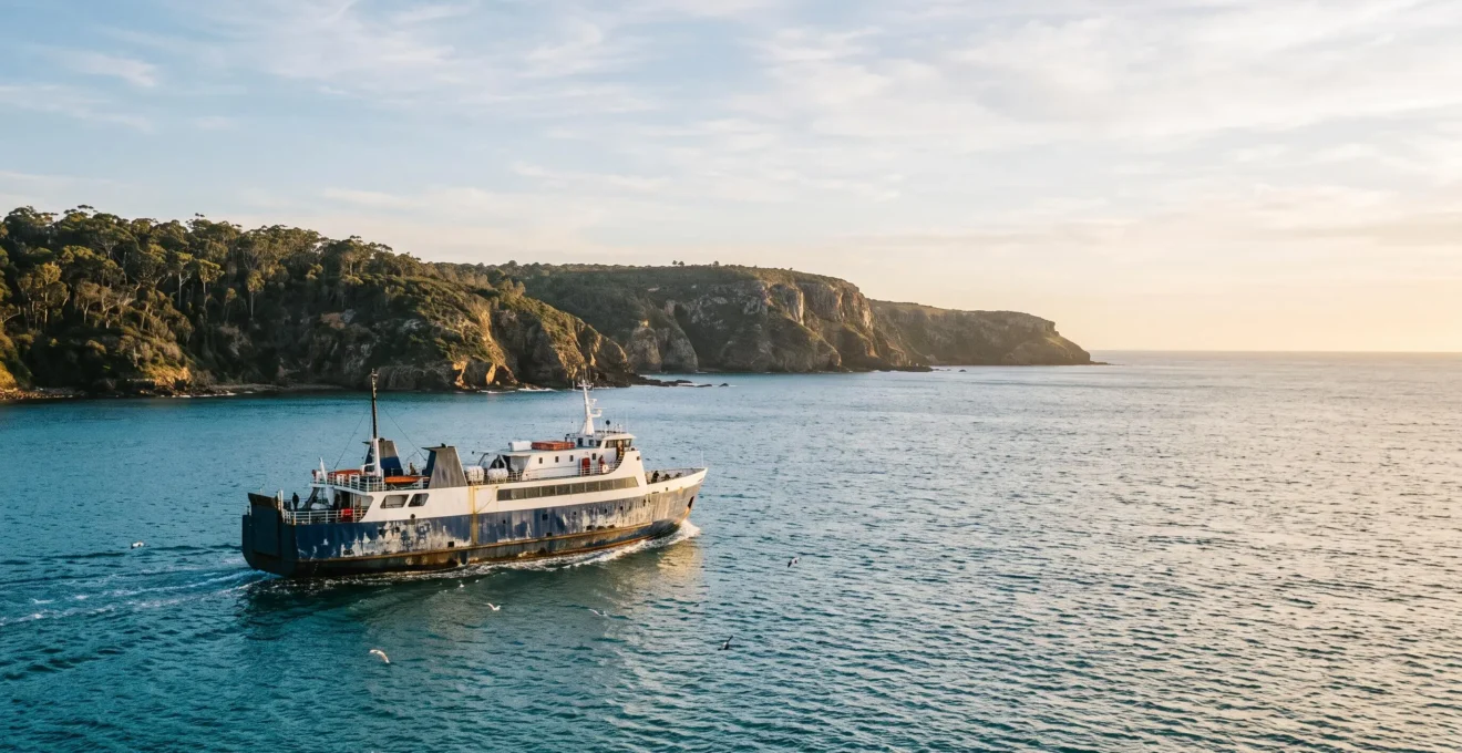 A red-hulled Australian ferry crossing calm turquoise coastal waters near a rugged island coastline at golden hour