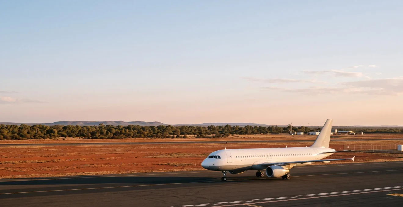 Wide aerial view of a domestic jet taxiing at an Australian airport at golden hour with red outback terrain in the distance
