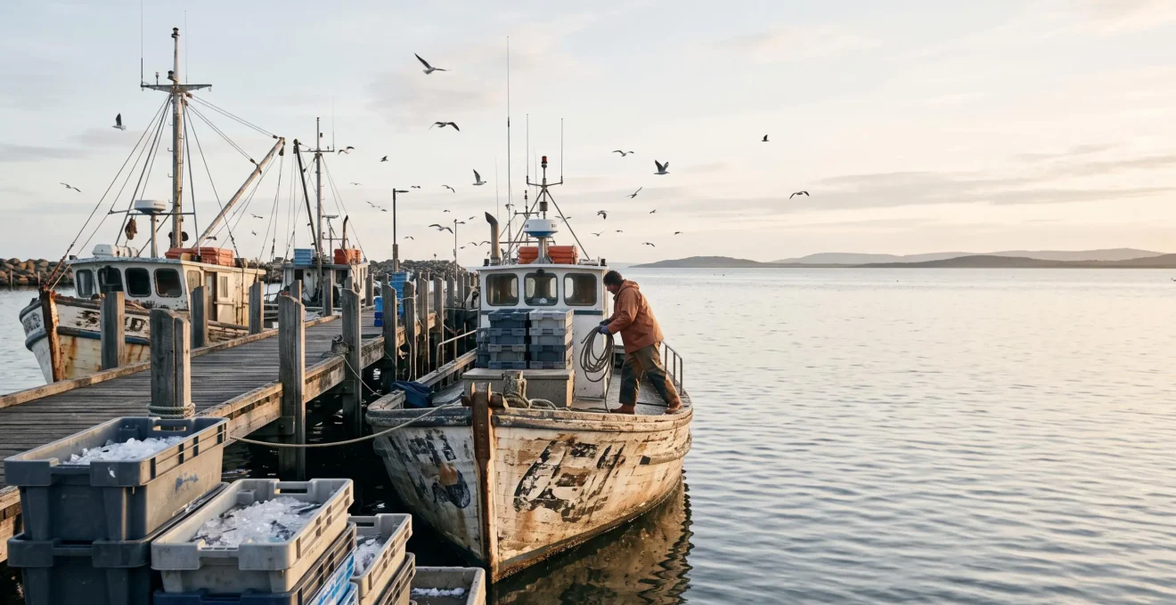Wooden fishing boats moored at an Australian fishing port at dawn with crates of fresh seafood on the dock