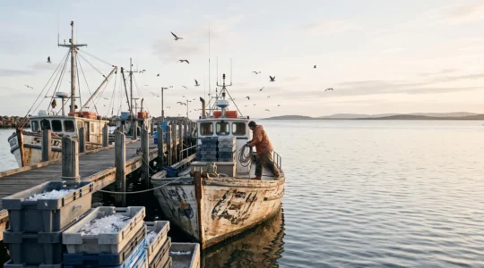 Wooden fishing boats moored at an Australian fishing port at dawn with crates of fresh seafood on the dock