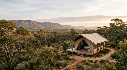 A single canvas safari tent nestled in an ancient, remote Australian wilderness landscape at dawn, with no other structures in sight