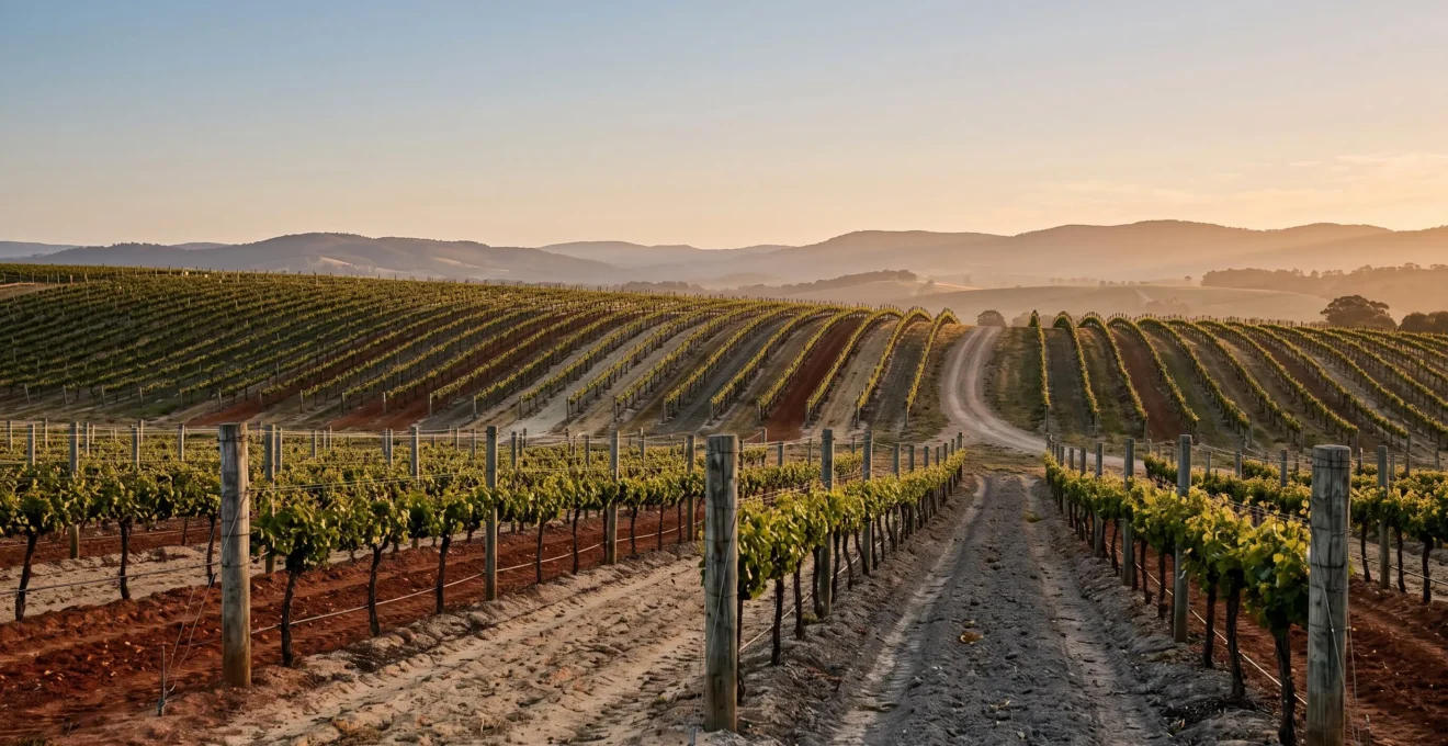 Wide panoramic view of rolling Australian vineyard hills at golden hour showing diverse soil colors and vine rows