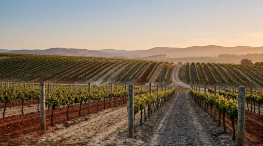 Wide panoramic view of rolling Australian vineyard hills at golden hour showing diverse soil colors and vine rows