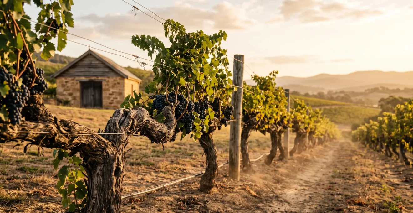 A weathered old-vine Shiraz vineyard row in the Barossa Valley bathed in golden late-afternoon light, with a stone cellar building in soft-focus background
