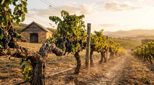 A weathered old-vine Shiraz vineyard row in the Barossa Valley bathed in golden late-afternoon light, with a stone cellar building in soft-focus background