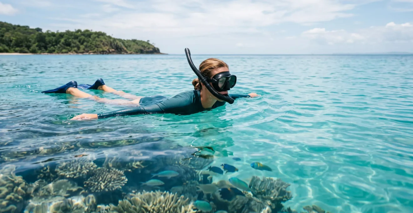 A beginner snorkeler floating calmly at the surface of clear turquoise water above a coral reef in Australia
