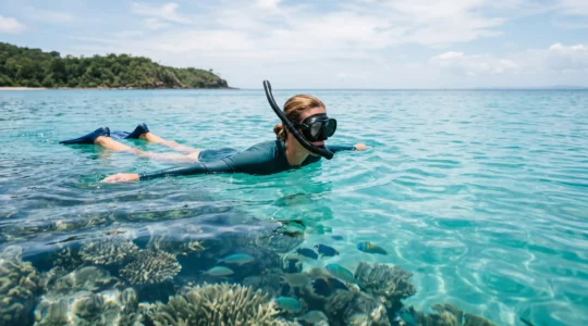 A beginner snorkeler floating calmly at the surface of clear turquoise water above a coral reef in Australia