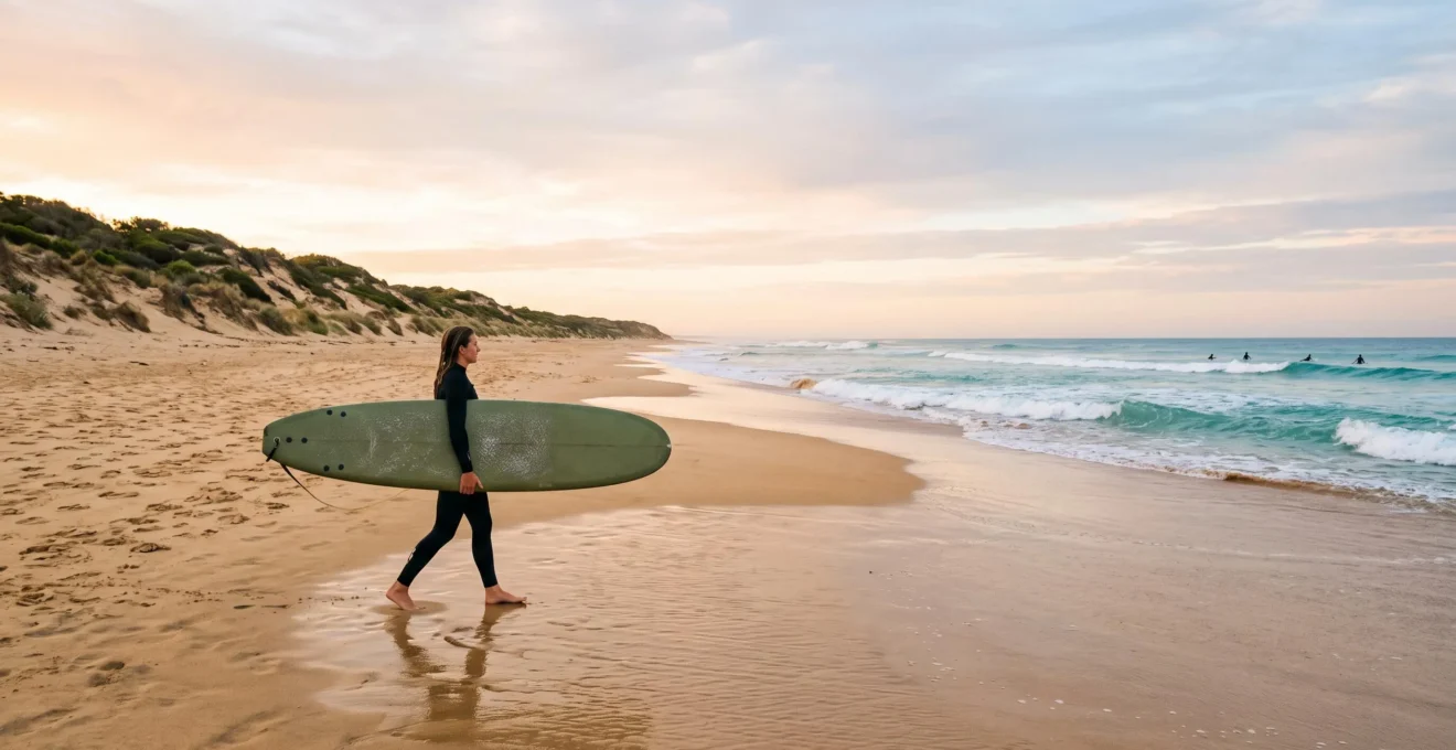 A beginner surfer carrying a longboard walks toward the ocean on an uncrowded Australian beach at sunrise, embodying the welcoming spirit of Australian surf culture.