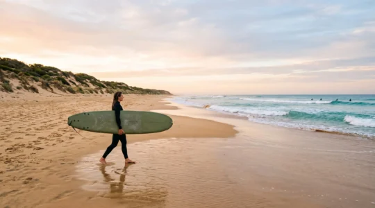 A beginner surfer carrying a longboard walks toward the ocean on an uncrowded Australian beach at sunrise, embodying the welcoming spirit of Australian surf culture.