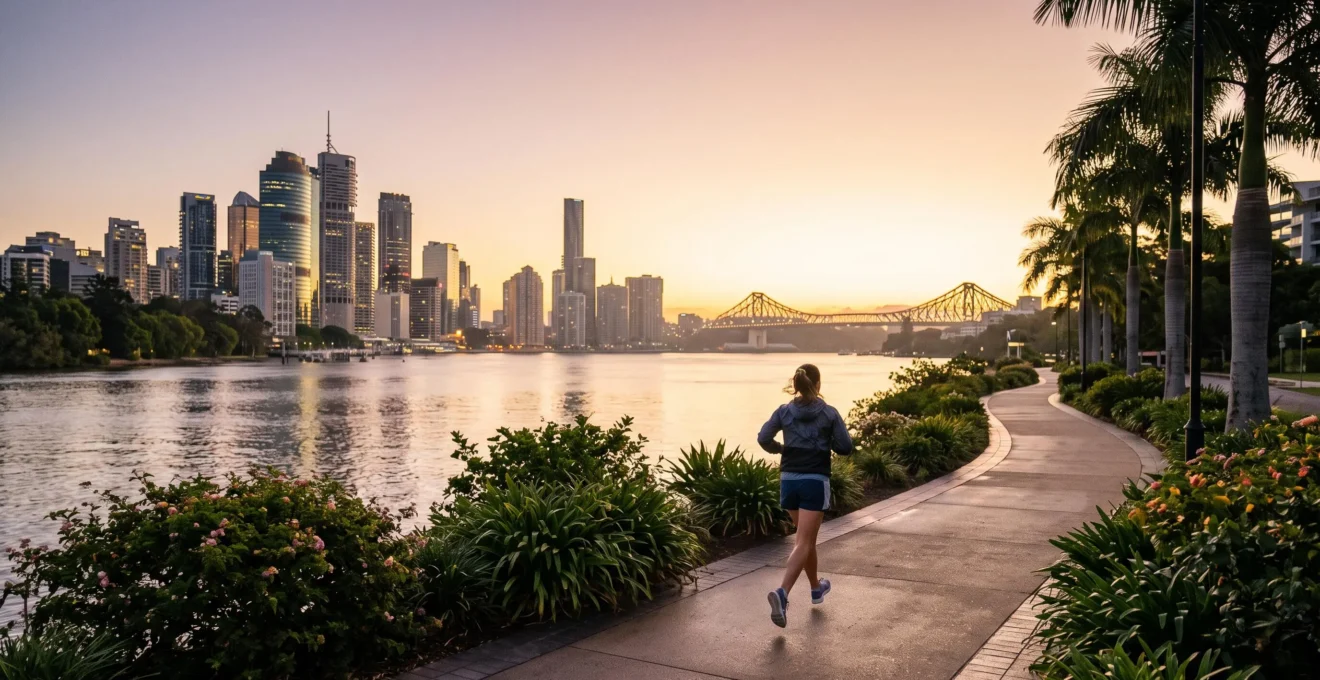 Wide editorial photograph of a person jogging along the Brisbane River at sunrise with the city skyline in soft morning light
