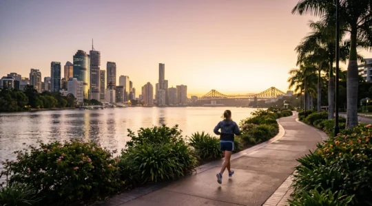 Wide editorial photograph of a person jogging along the Brisbane River at sunrise with the city skyline in soft morning light