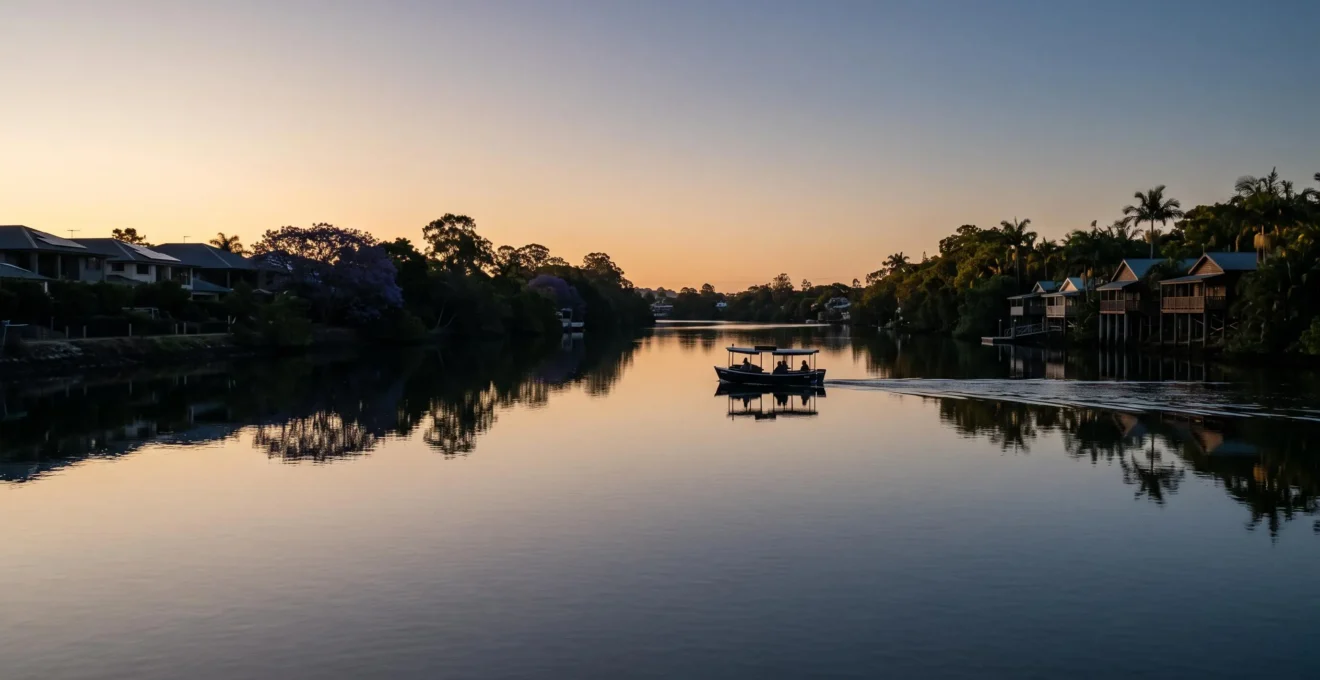 Wide dusk view of the Brisbane River curving between two riverbanks lined with subtropical trees and low-rise architecture, symbolizing the city's north-south divide and outdoor way of life