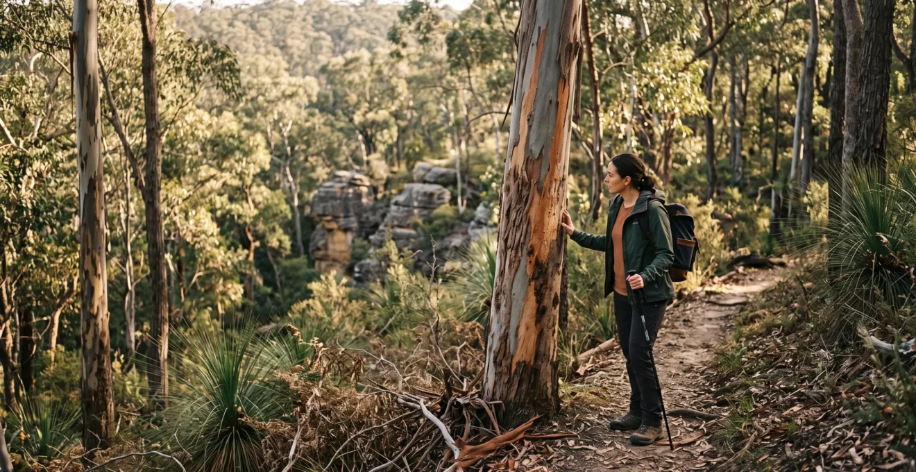 A hiker pausing on a sunlit eucalypt trail, observing the layered textures of Australian bushland ecology