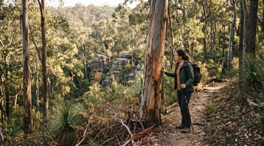 A hiker pausing on a sunlit eucalypt trail, observing the layered textures of Australian bushland ecology