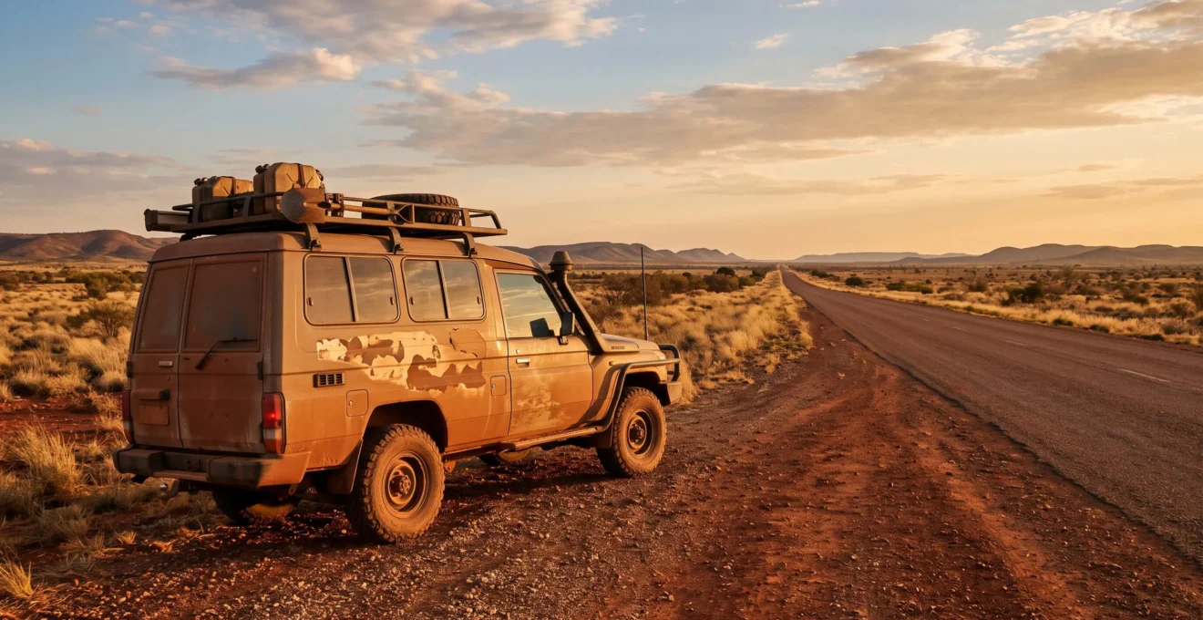 A well-equipped campervan parked on a remote red dirt highway in the Australian outback at golden hour, symbolizing the right vehicle choice for local conditions
