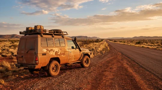 A well-equipped campervan parked on a remote red dirt highway in the Australian outback at golden hour, symbolizing the right vehicle choice for local conditions