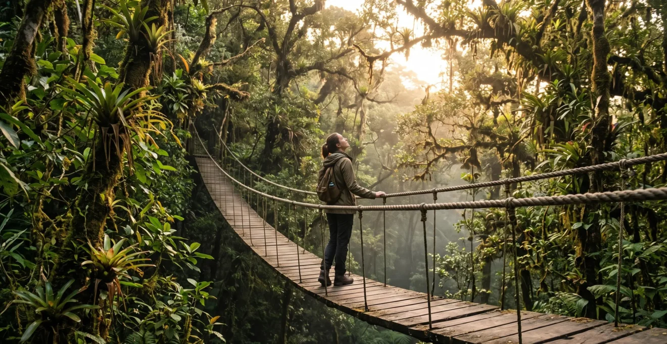 Wide view of an elevated rainforest canopy walkway suspended among ancient trees at golden hour, symbolizing the balance between adventure and nature interpretation