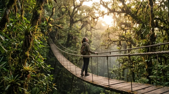 Wide view of an elevated rainforest canopy walkway suspended among ancient trees at golden hour, symbolizing the balance between adventure and nature interpretation