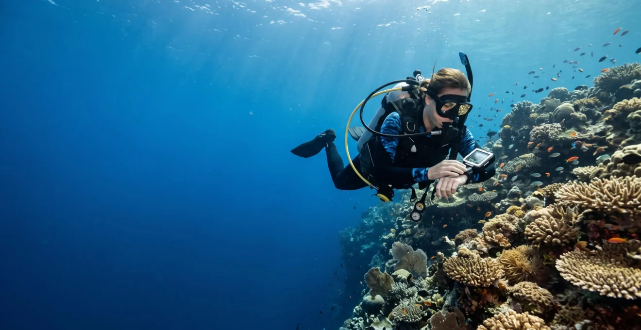 A certified scuba diver hovering in neutral buoyancy beside a vibrant coral reef wall in clear blue water, checking dive equipment.
