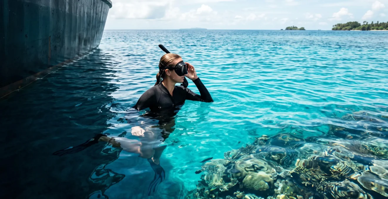 A snorkeler pausing at the surface between a boat's shadow and the open, sunlit reef, symbolizing the choice between simple transport and a guided marine encounter.
