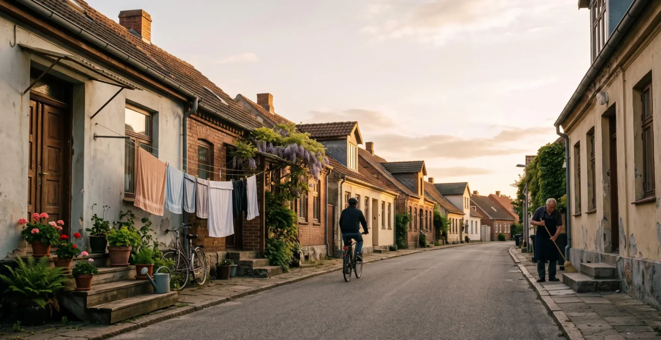 A quiet residential street at golden hour showing everyday local life away from tourist crowds