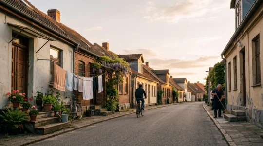 A quiet residential street at golden hour showing everyday local life away from tourist crowds