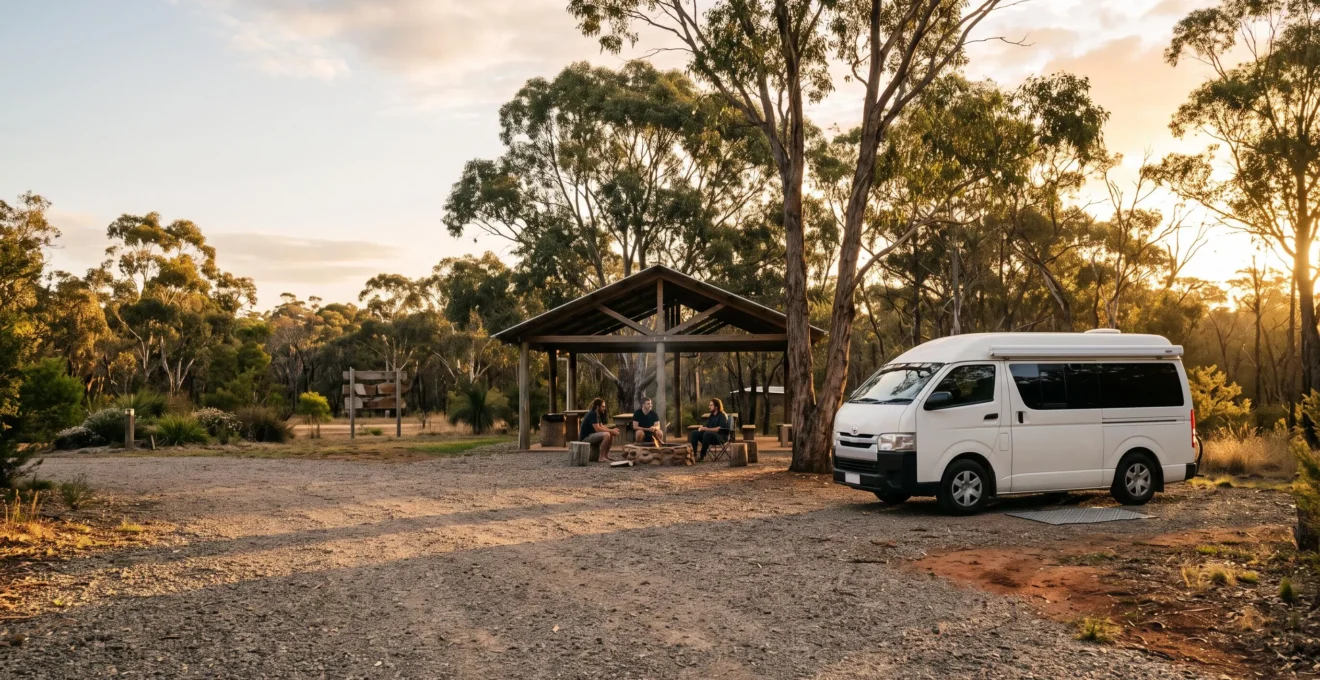 A camper van parked at golden hour beside a communal outdoor kitchen area in an Australian holiday park, with travelers gathering informally
