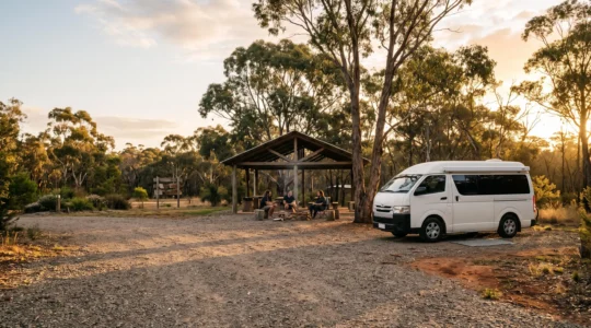 A camper van parked at golden hour beside a communal outdoor kitchen area in an Australian holiday park, with travelers gathering informally