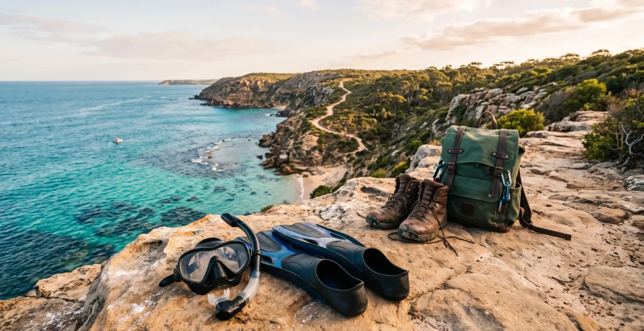 A diver's fins and a hiker's boots resting side by side on a rocky Australian coastline overlooking a coral reef at golden hour