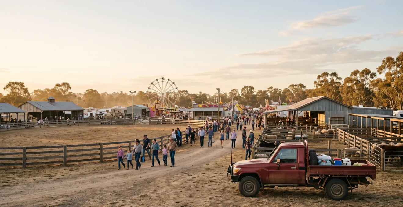 Wide editorial photograph of a genuine Australian country show ground at golden hour, capturing community life away from tourist crowds