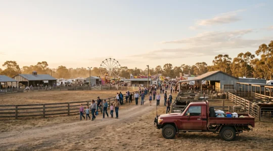 Wide editorial photograph of a genuine Australian country show ground at golden hour, capturing community life away from tourist crowds
