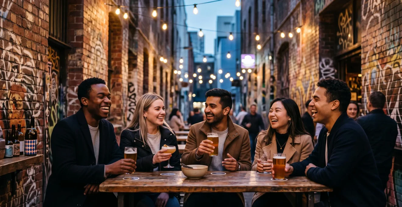 Group of friends sharing a warm, intimate moment in a dimly lit hidden laneway bar in an Australian city at night