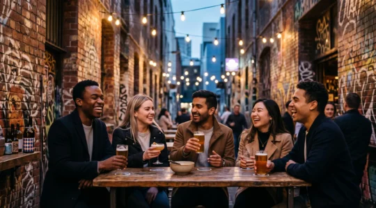 Group of friends sharing a warm, intimate moment in a dimly lit hidden laneway bar in an Australian city at night