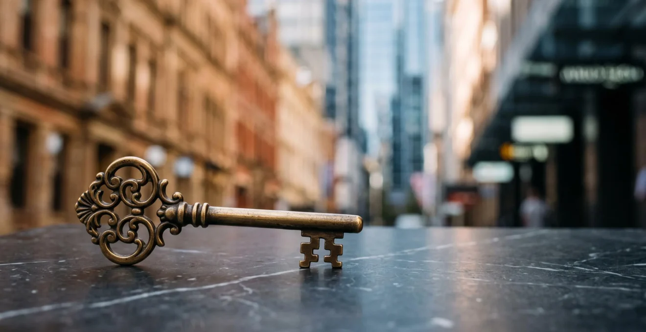 A single ornate brass key resting on a polished marble surface, reflecting the blurred silhouette of a heritage sandstone facade and a modern glass skyline, symbolizing the choice between authentic character and generic luxury chains.