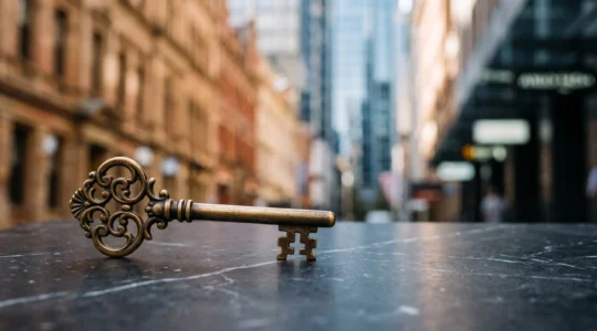 A single ornate brass key resting on a polished marble surface, reflecting the blurred silhouette of a heritage sandstone facade and a modern glass skyline, symbolizing the choice between authentic character and generic luxury chains.