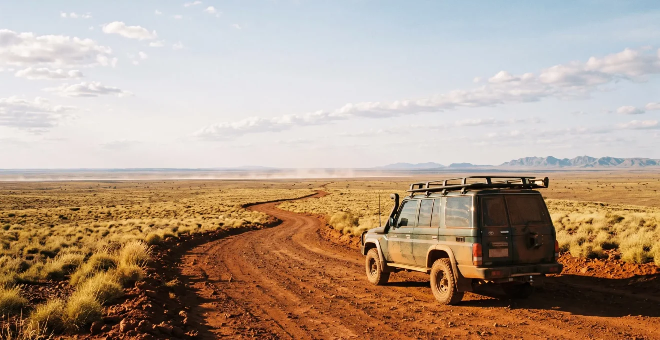 A solitary 4WD vehicle crossing a vast red desert track under an enormous open sky, symbolizing the remoteness of the Australian Outback