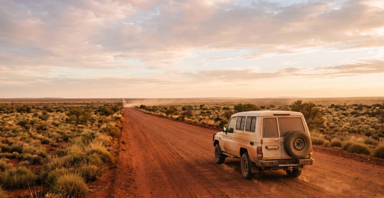 A single 4WD vehicle driving on an endless straight outback highway under a vast golden sky, symbolizing the true scale of Australian distances