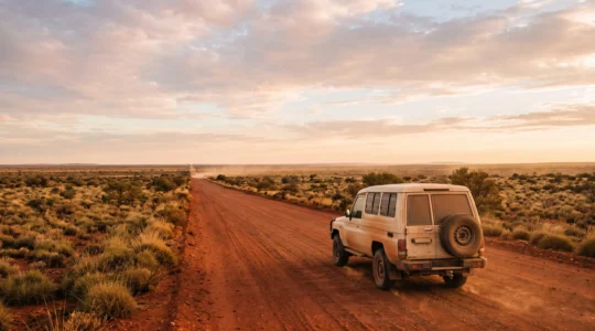 A single 4WD vehicle driving on an endless straight outback highway under a vast golden sky, symbolizing the true scale of Australian distances